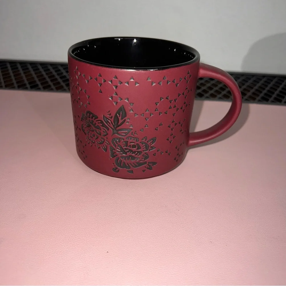 Starbucks Mug 2014 14oz Cranberry/ Maroon Red White Logo Engraved Flower Pattern